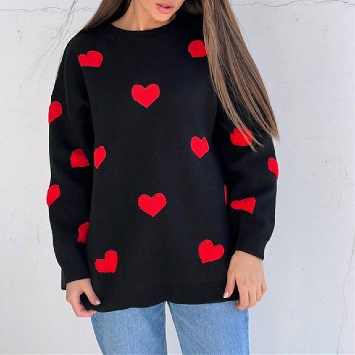 Embroidered Heart Knit Sweater for Women