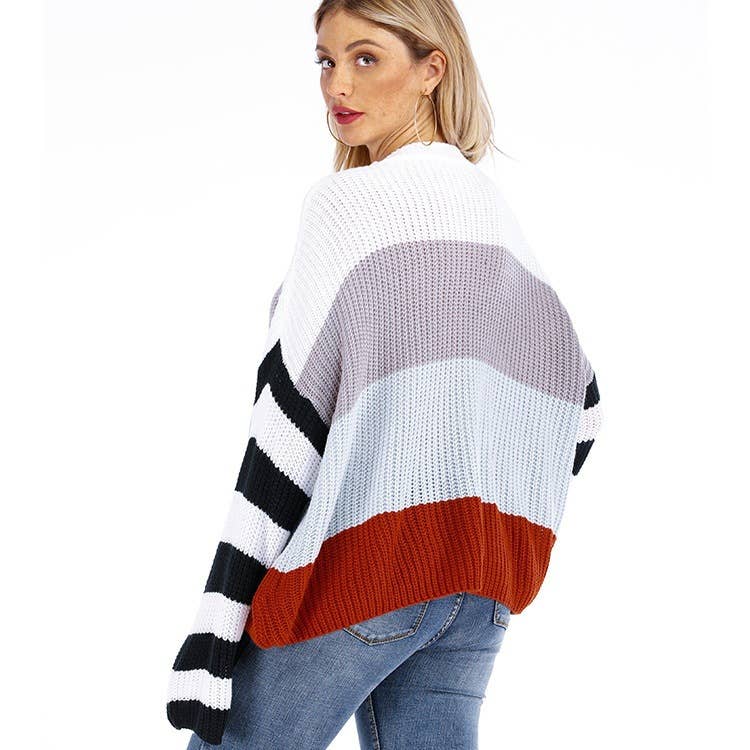 STRIPED SPLICED PULLOVER SWEATER IN INTERCOLOR