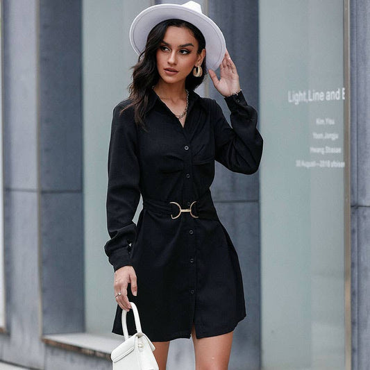 Solid-color lapel slimming elegant shirt dress
