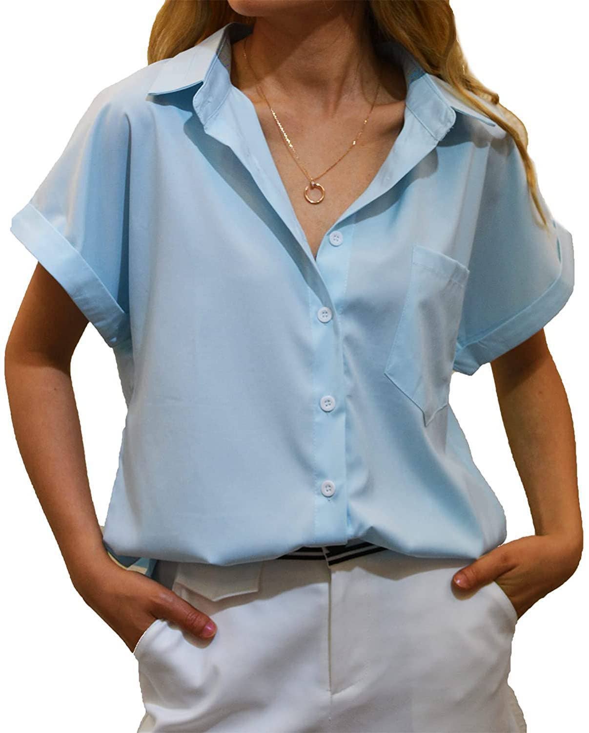 V-NECK BUTTON-DOWN SHIRT TOP