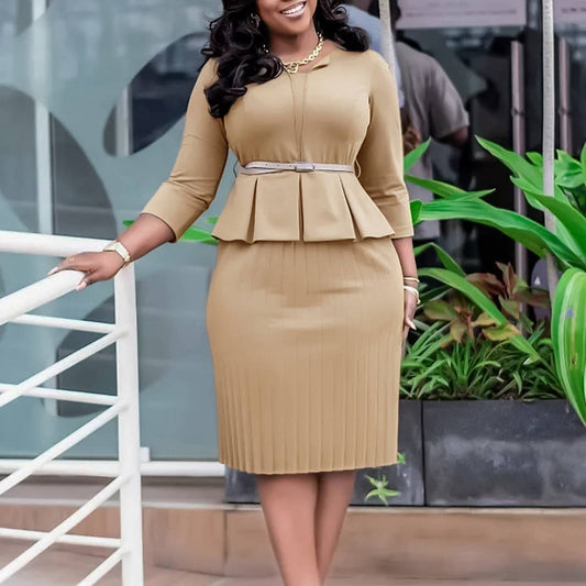 V-NECK RUFFLED HIGH WAIST SLIM COMMUTER DRESS