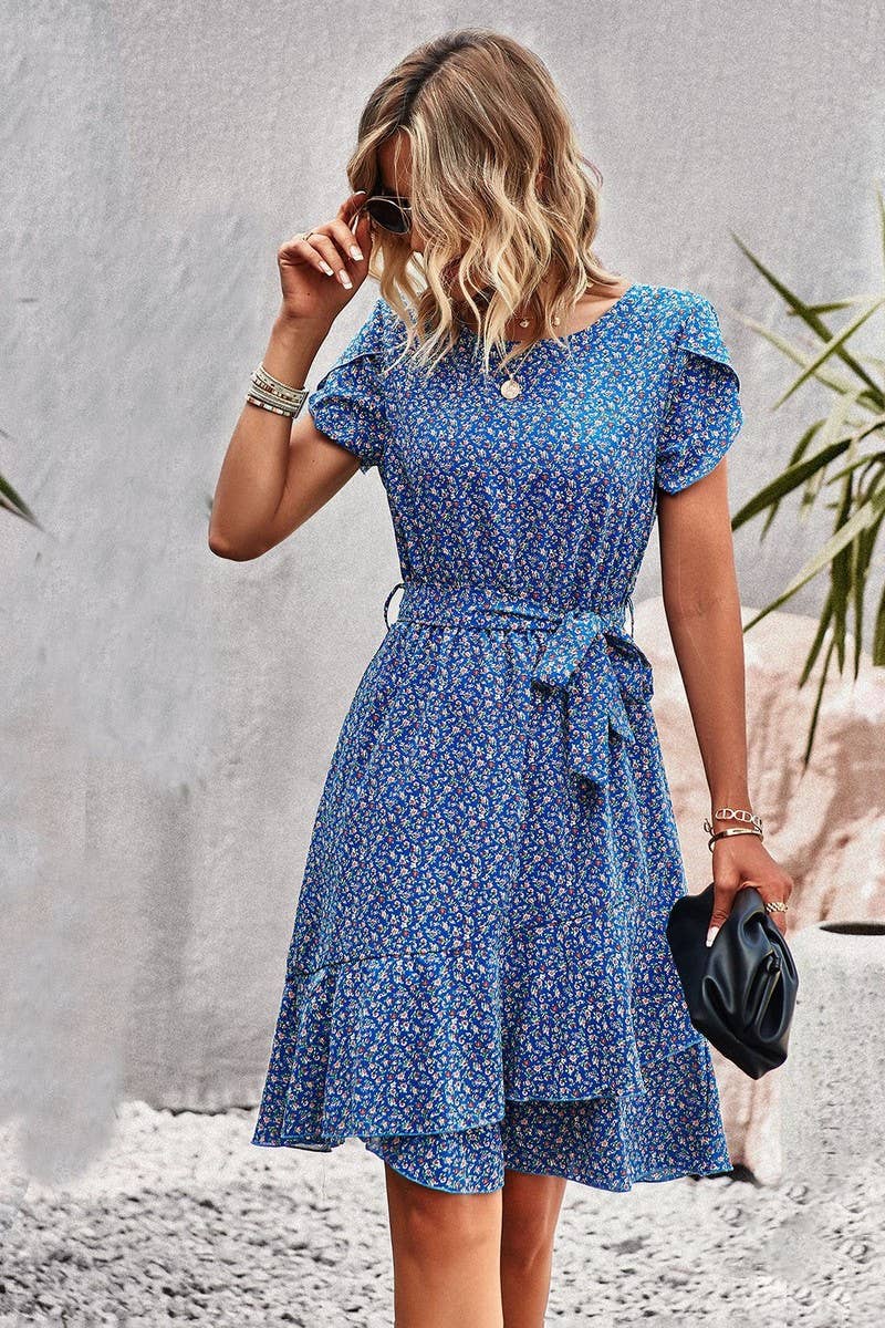 CWDSD2342_Round Neck Short Sleeve Tiered Waist Midi Dress