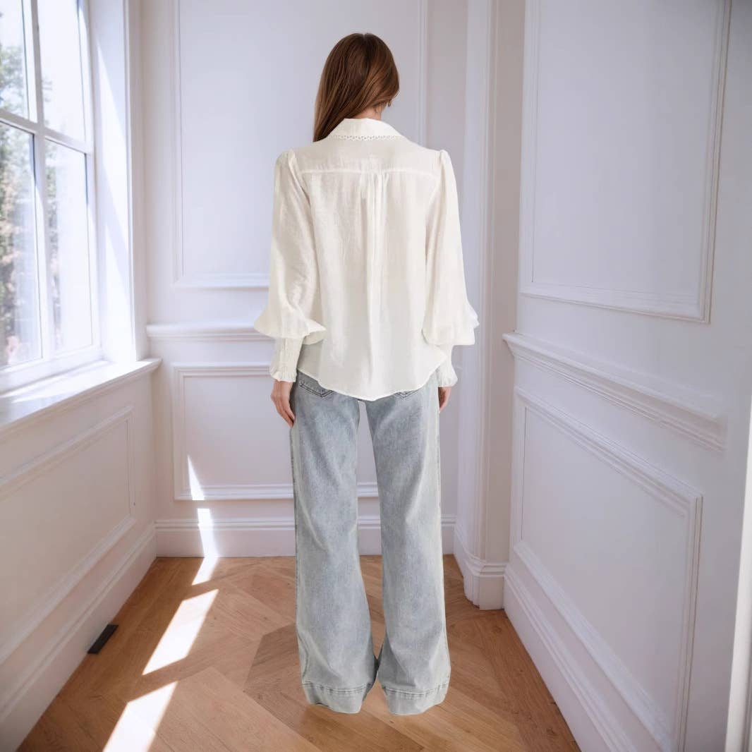 Lantern sleeve fabric lace trim fashion shirt