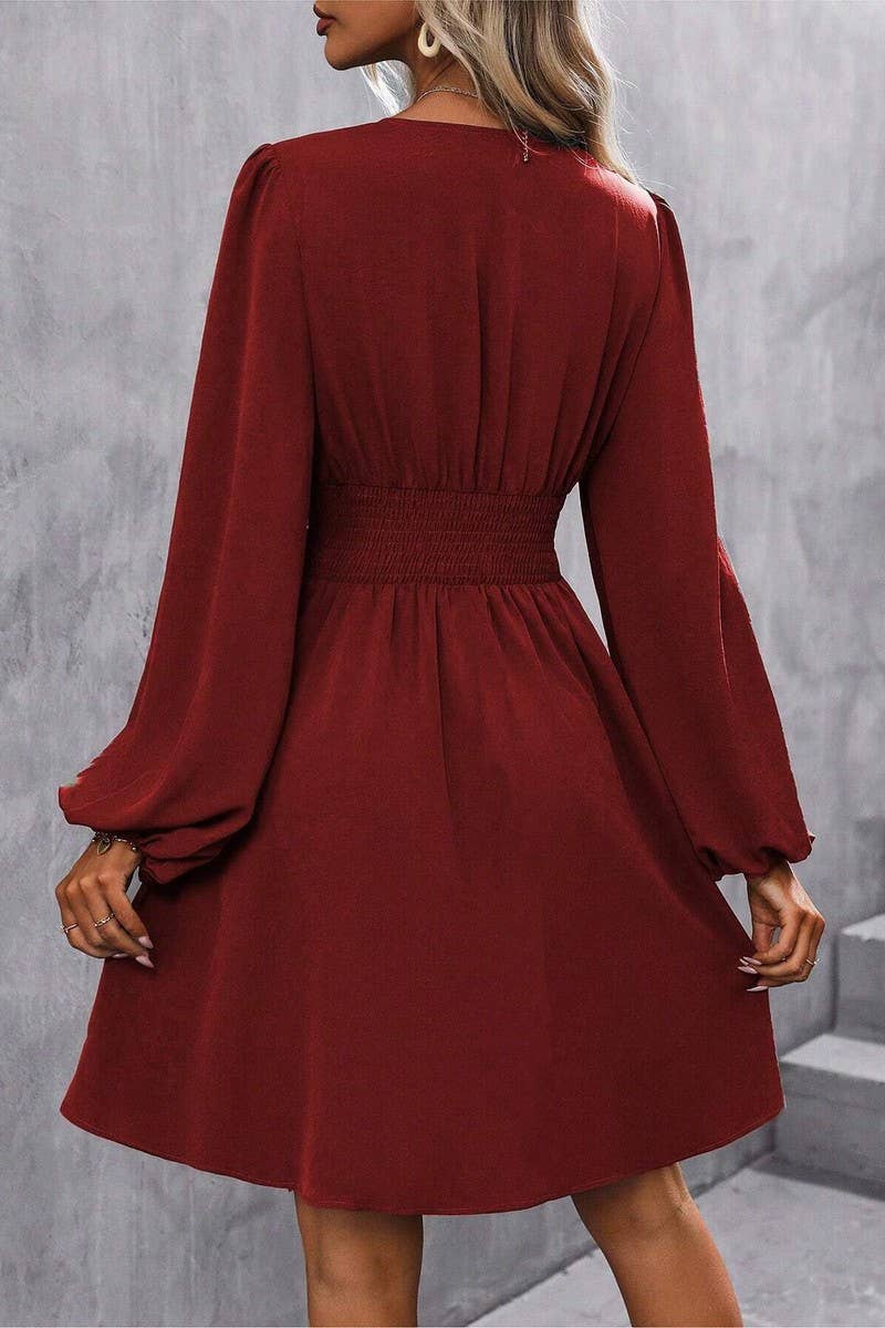 CWDSD8399_V NECK LANTERN SLEEVE RUCHED WAIST DRESS