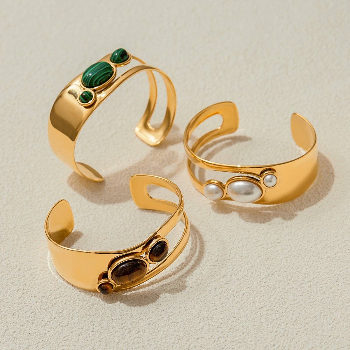 Hollow Pearl & Stone Open Cuff in Stainless Steel