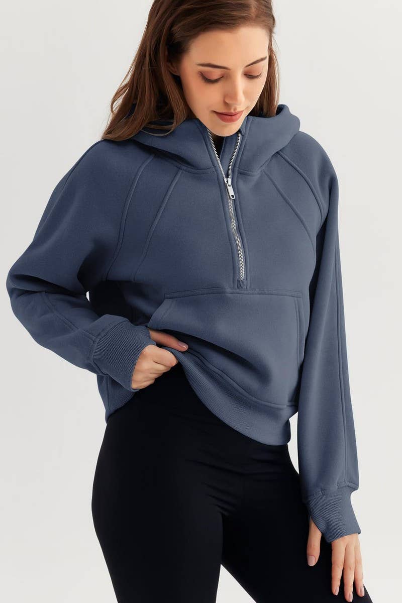 CWOHOL00598_SOLID COLOR CASUAL HALF-ZIP CROPPED HOODIE