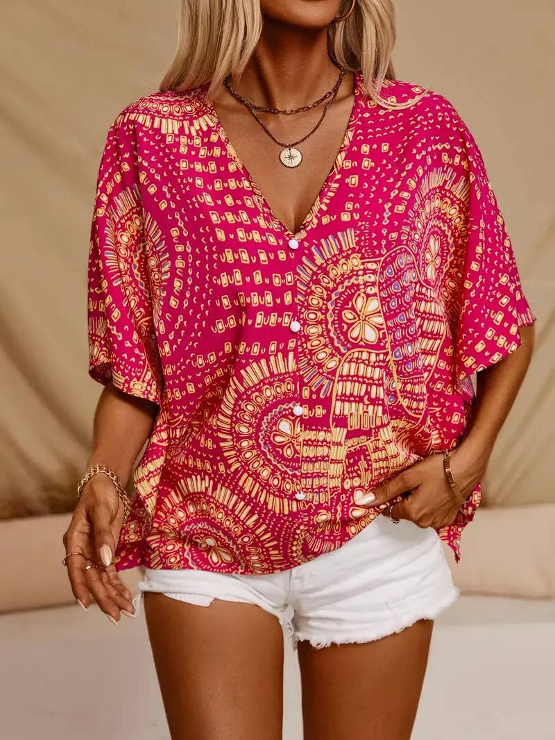 V-neck printed resort-style batsleeved top