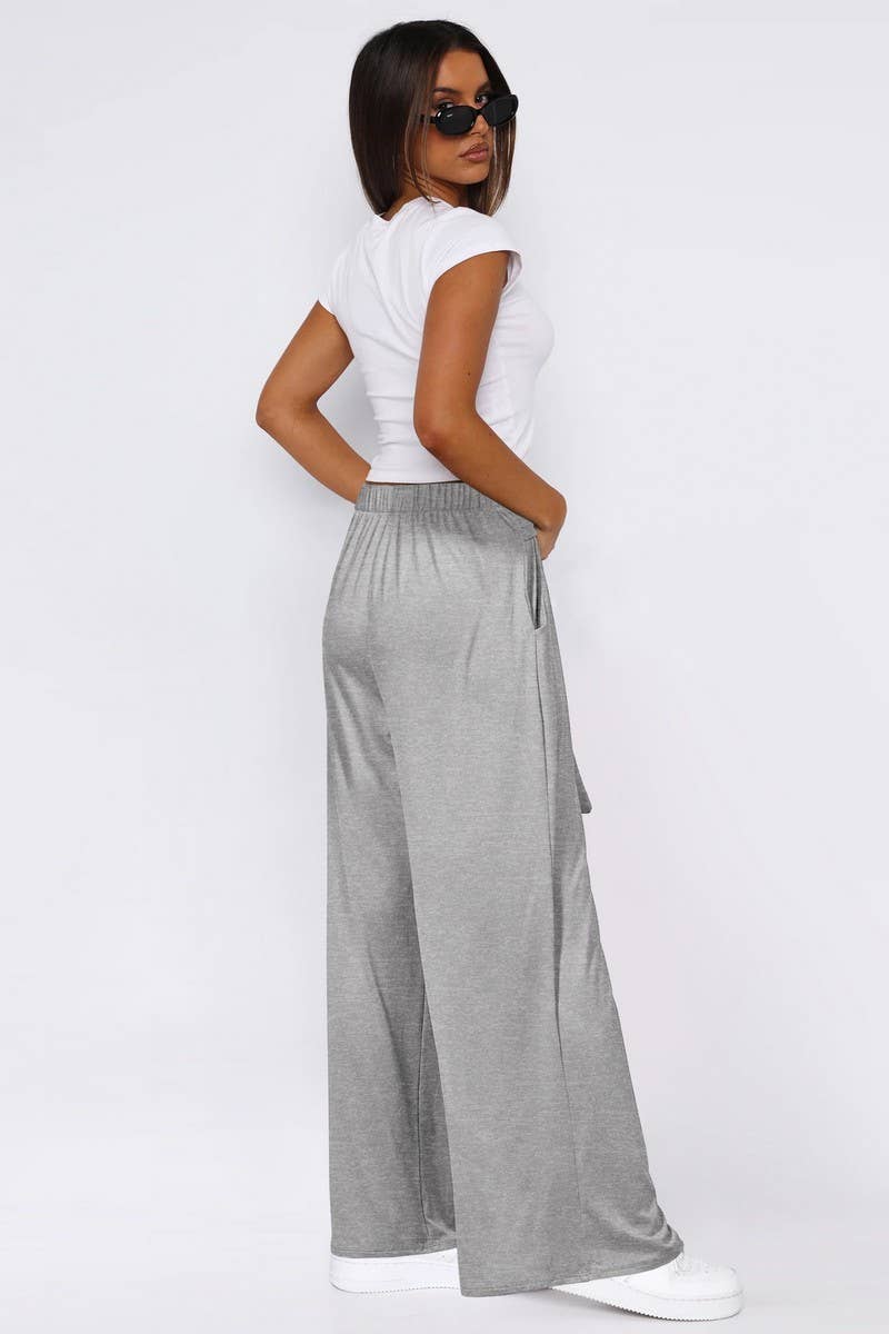 CWBLP1861_SOLID COLOR DRAPE LACE-UP WIDE-LEG PANTS
