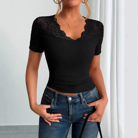 A lace-trimmed top with collared and cuffs