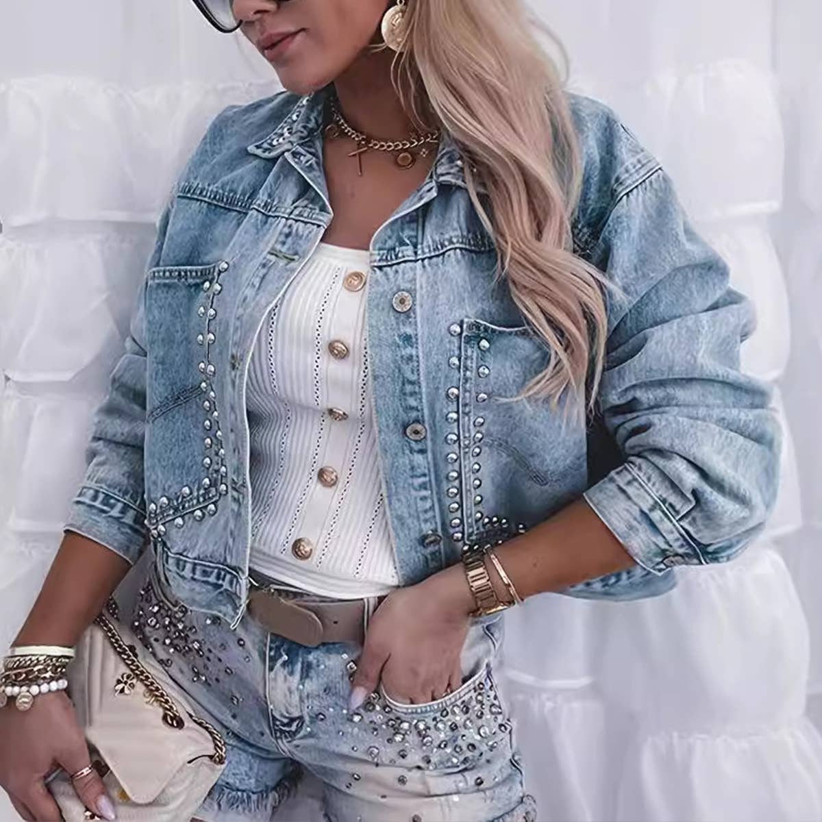 Rivets On The Front Opening Women Short Jacket