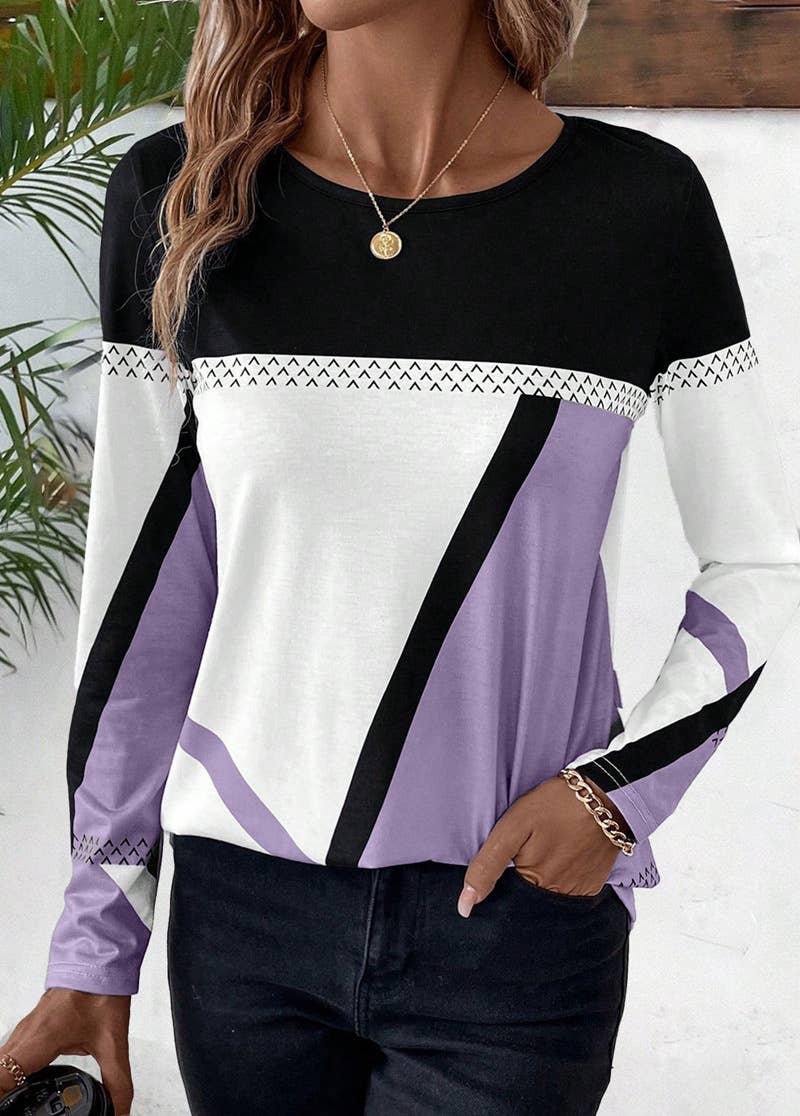 Round-neck color-blocking geometric print top