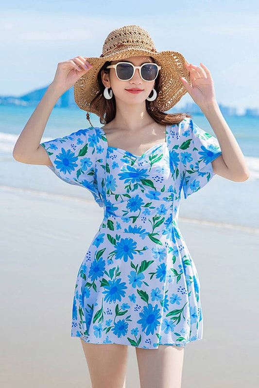 CWMW0866_FLORAL SLIM SHORT SLEEVE ONE-PIECE SWIMSUIT DRESS