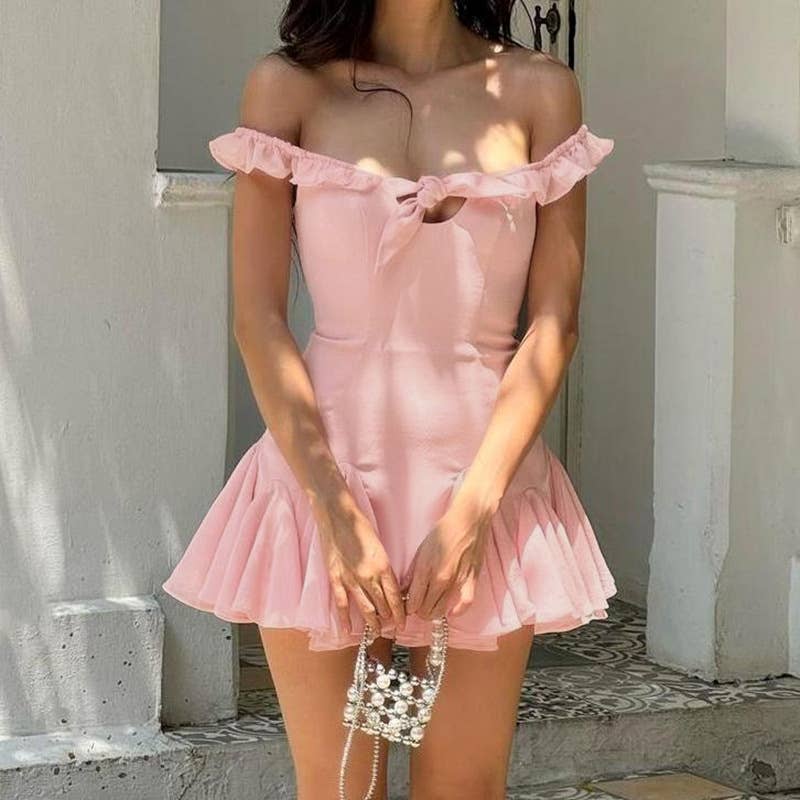 Sexy solid color one-line shoulder short dress