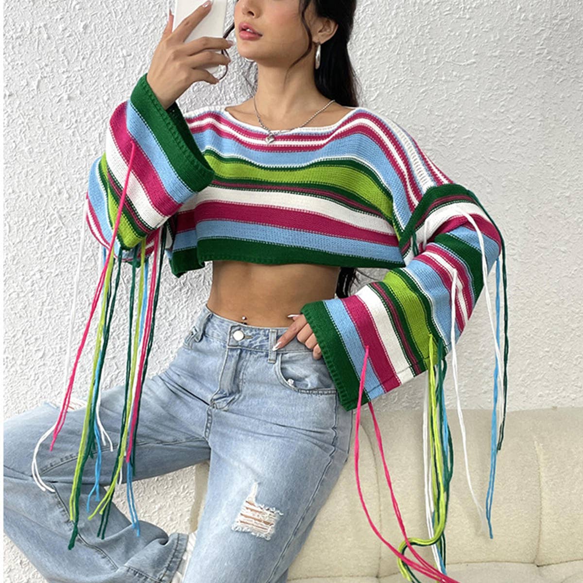 Striped Expose waist knit sweater with fringes