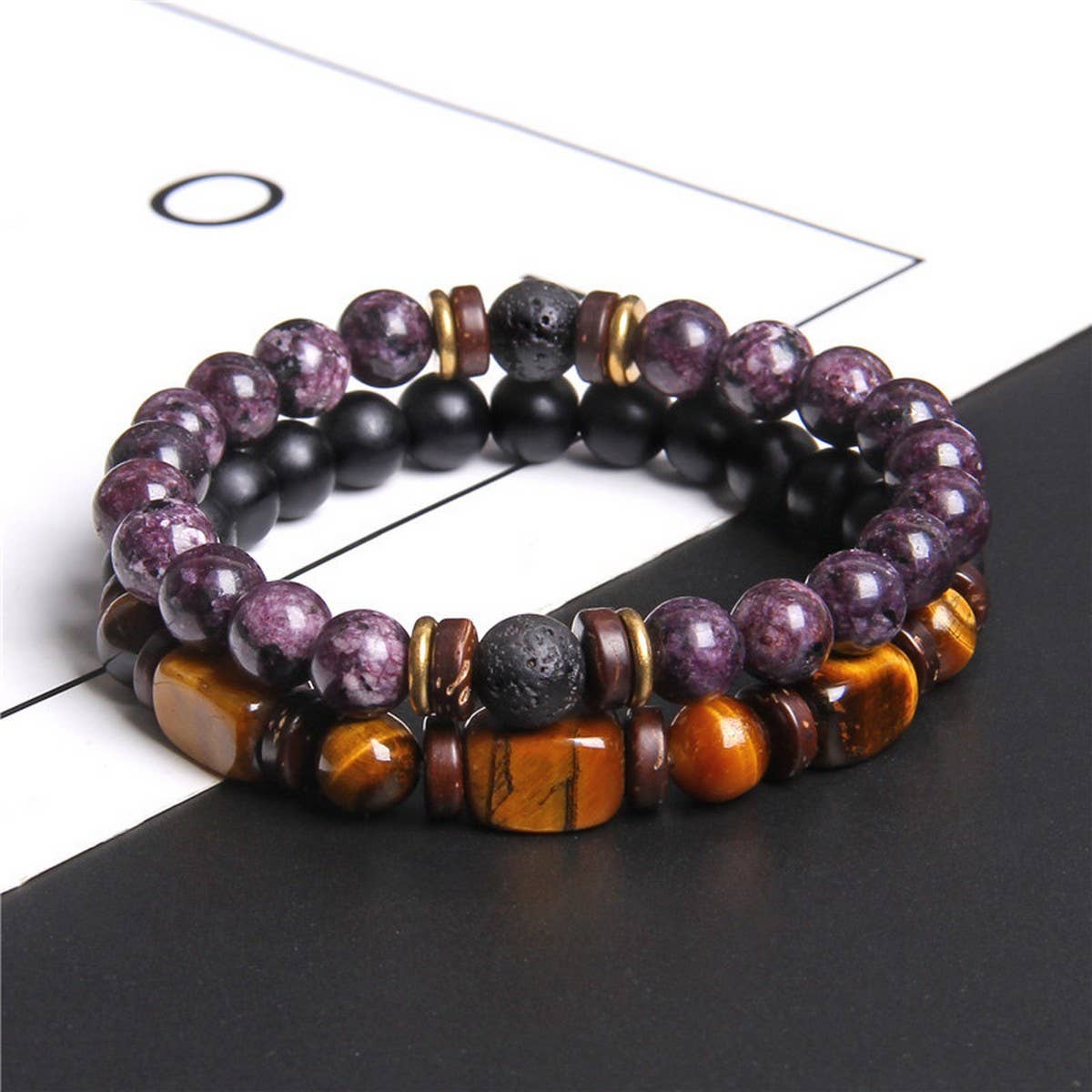 CWAJE4218_MEN'S TIGER EYE BEAD DOUBLE LAYER BRACELET