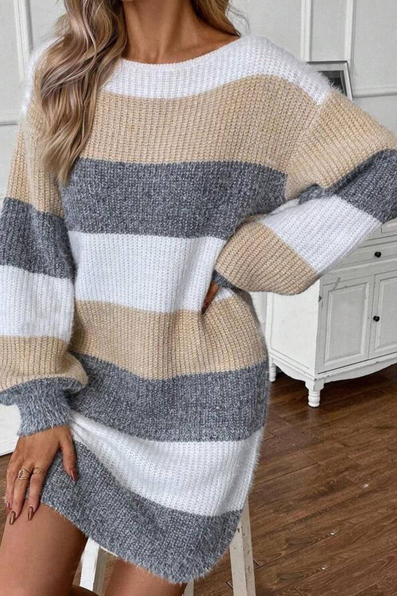 CWDSD10880_ROUND NECK COLORBLOCK STRIPED KNIT DRESS