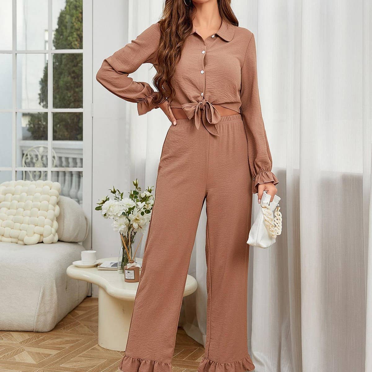Ruffled long sleeves and trousers two-piece set