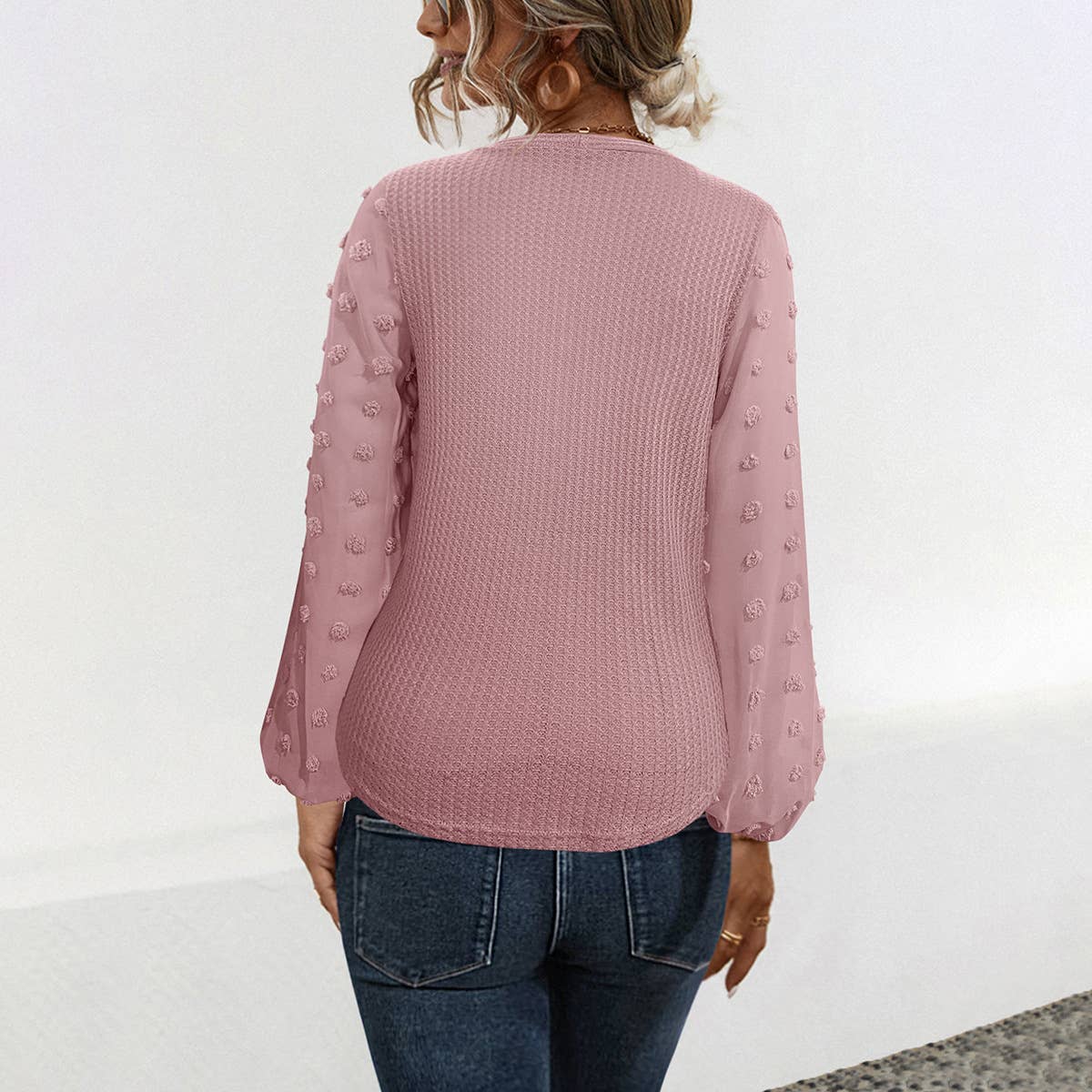 V-NECK KNOTTED JACQUARD PATCHWORK SLEEVE SWEATER