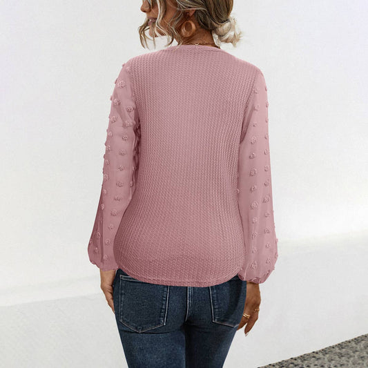 V-NECK KNOTTED JACQUARD PATCHWORK SLEEVE SWEATER