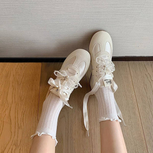 Satin Ballet Sneakers with Pearl Ribbon Trim