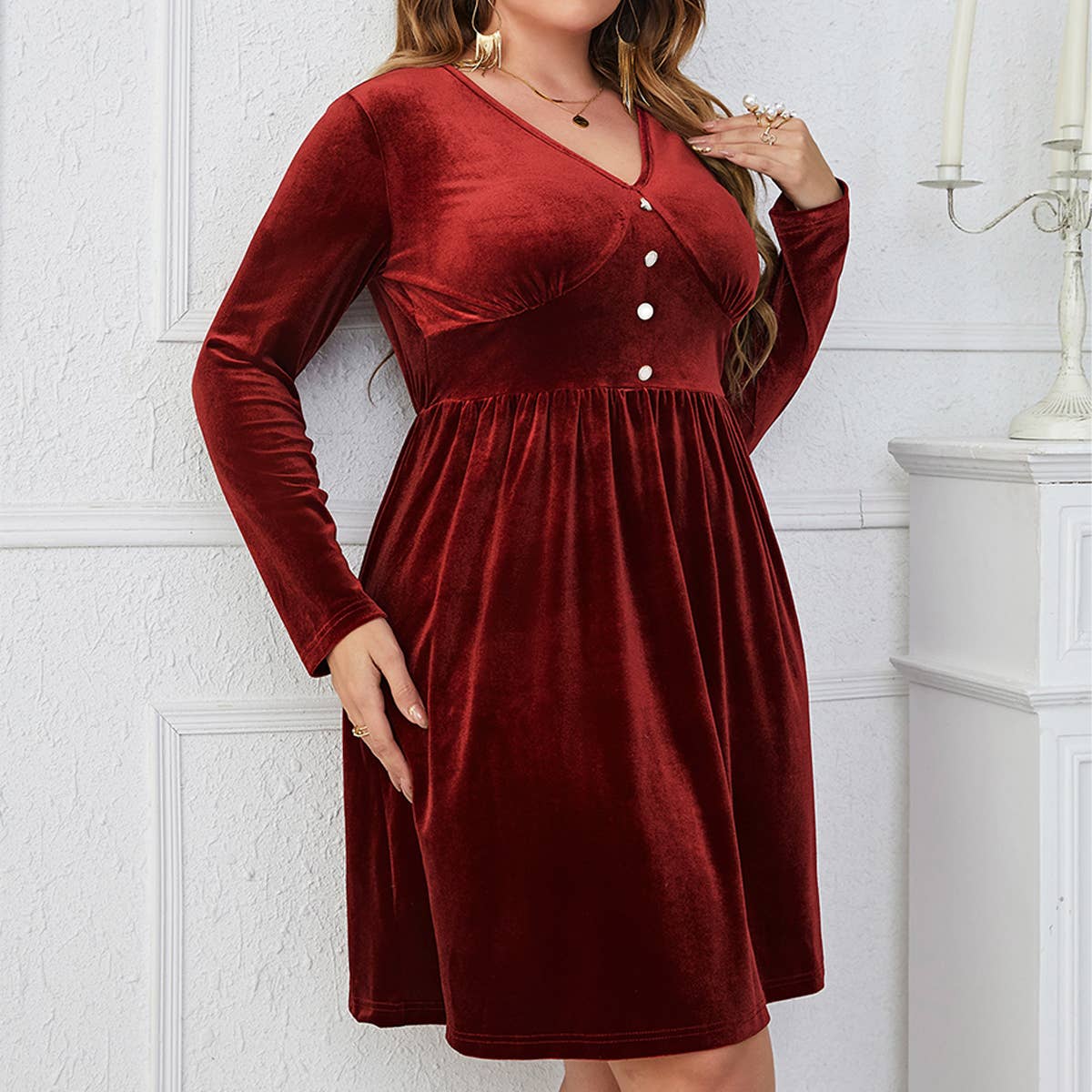 Deep Red V-Neck Slim Fit High Waist Dress