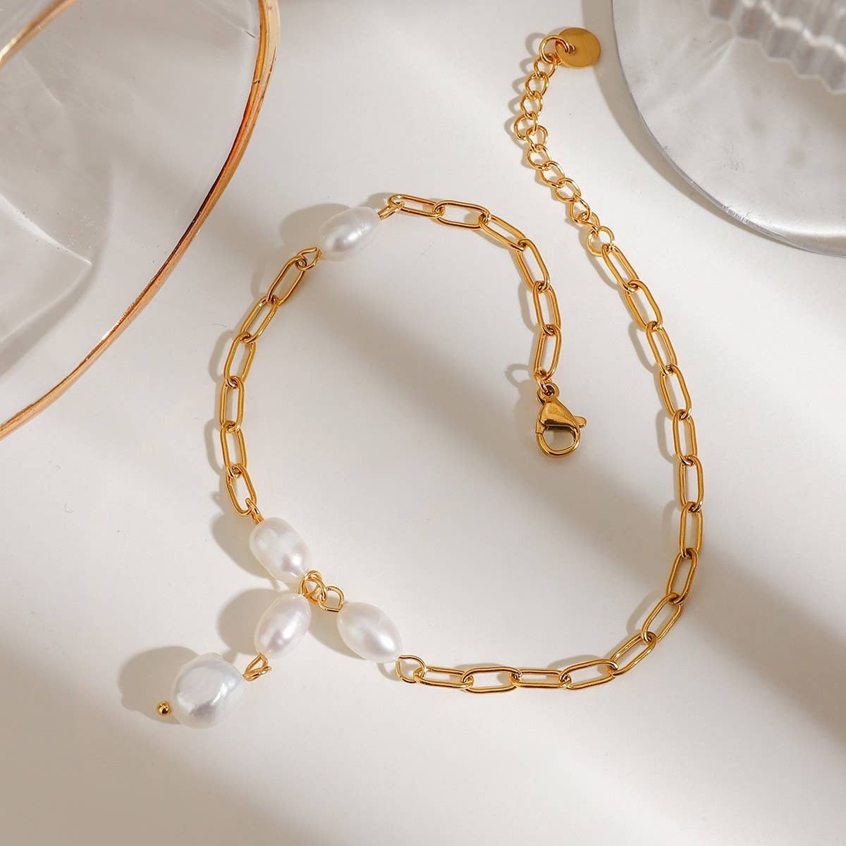 18K Gold Pearl Paperclip Anklet, Stainless Steel_CWAJE4848