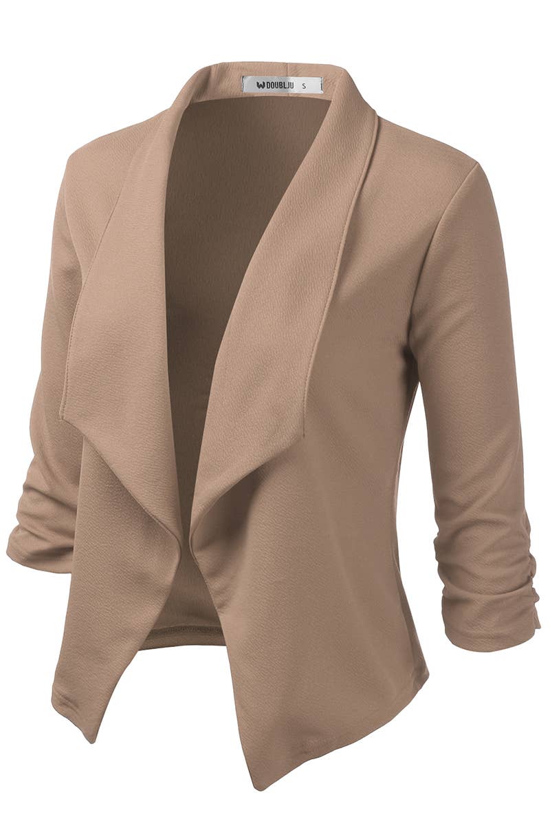 CWOBL091_Casual Work Ruched 3/4 Slv Open Front Blazer Jacket