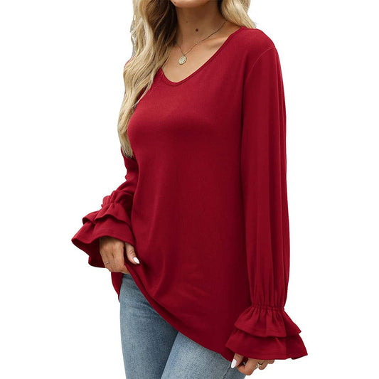 FLARED LONG SLEEVE SOLID COLOR T-SHIRT BLOUSE