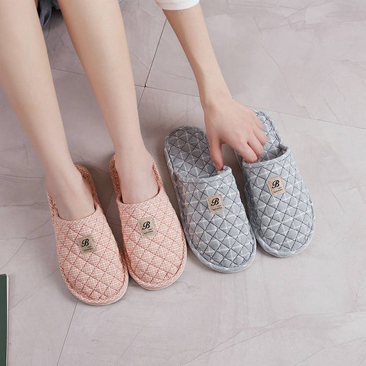 Plaid Cotton Closed-Toe Slippers with Rubber Sole_CWSHF0201