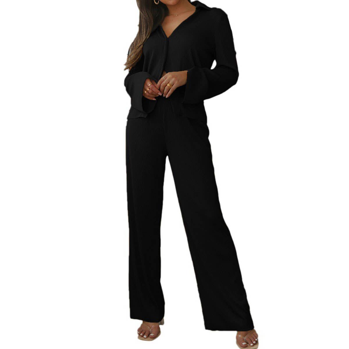 V-NECK KNIT SHIRT CASUAL STRAIGHT-LEG PAIR