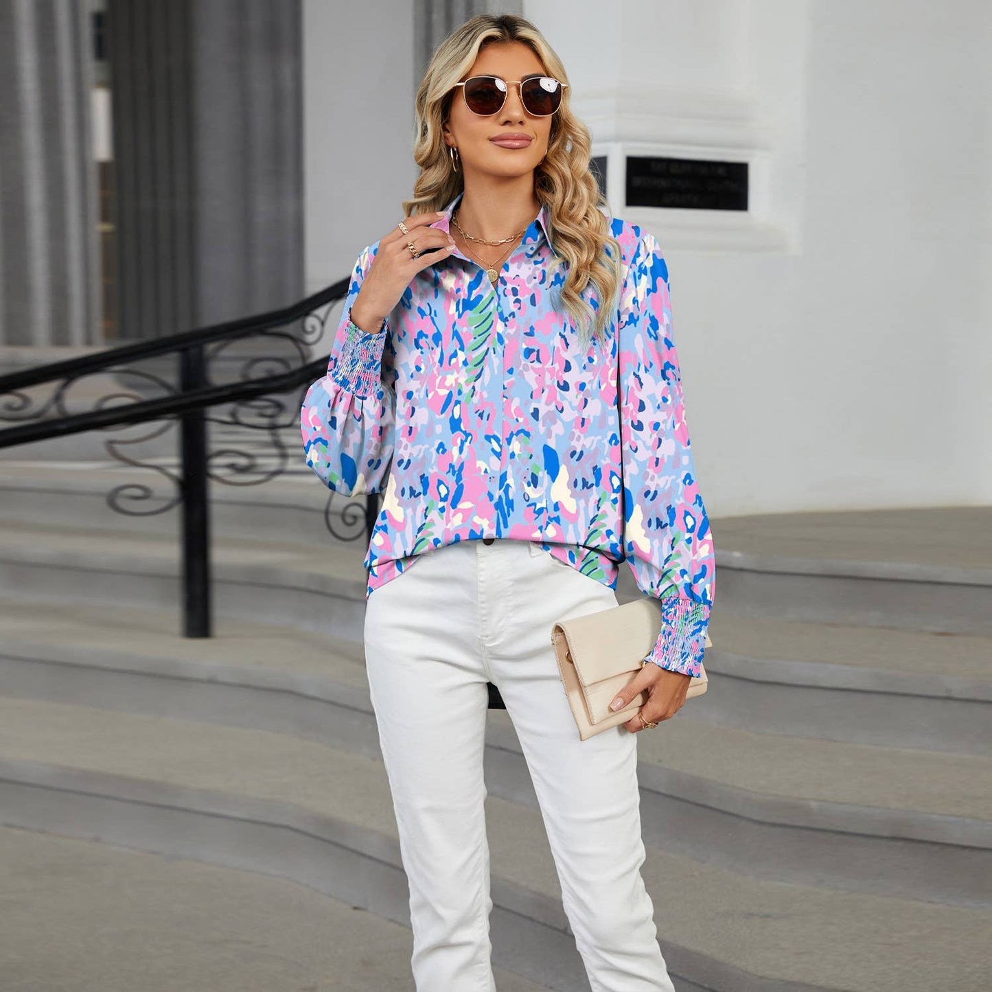 LAPEL FLORAL PRINT CASUAL LONG-SLEEVED SHIRT
