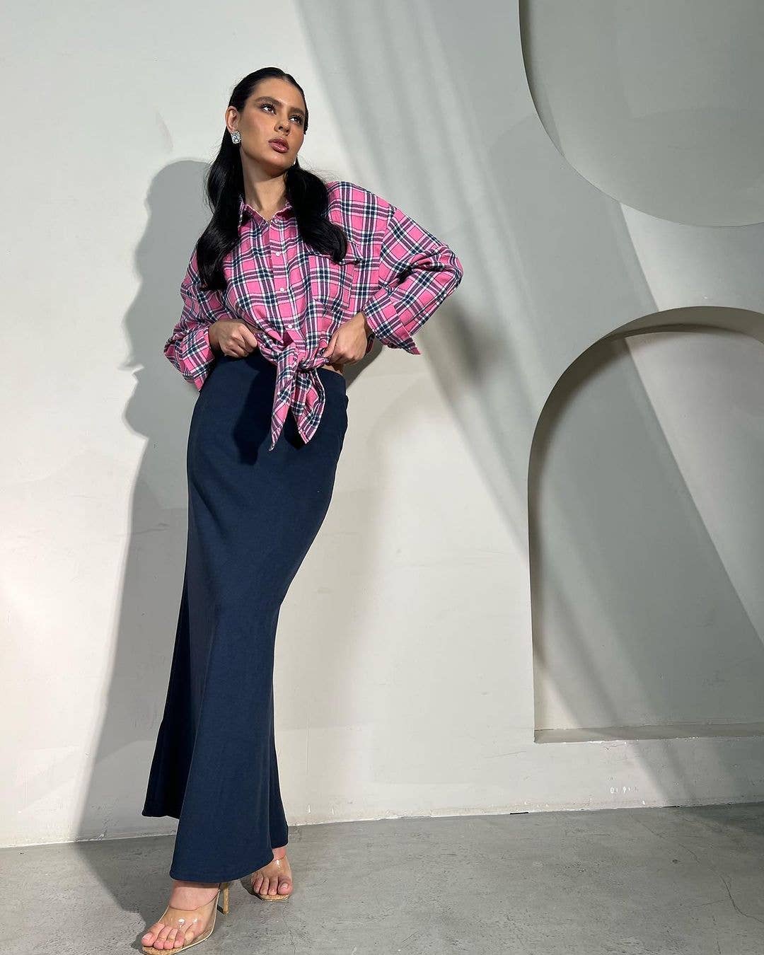 VINTAGE LOOK WITH LAPEL BAGGY PLAID SHIRT