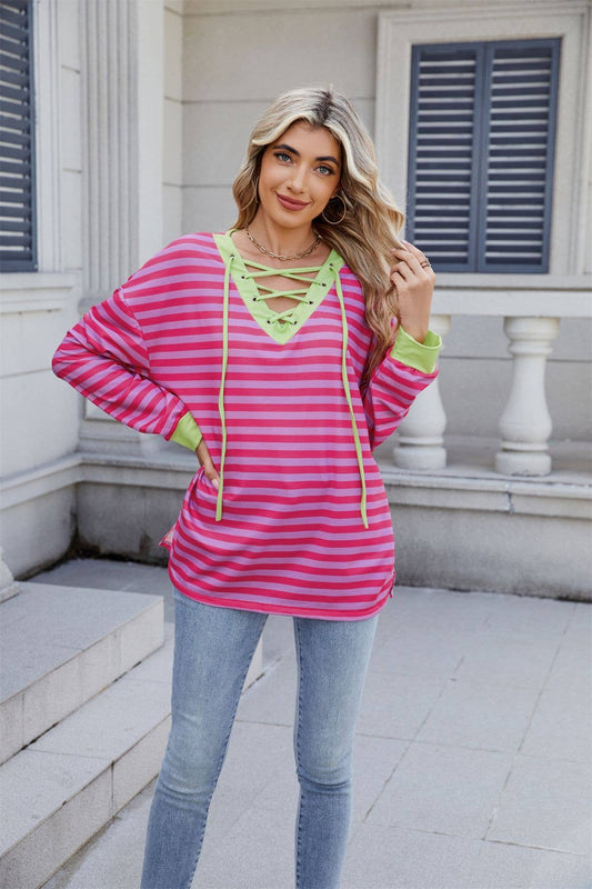 Striped V-neck fashion sexy lace-up sweatshirt