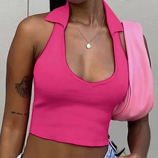 Stylish knitted pit strip lapel cropped tank top