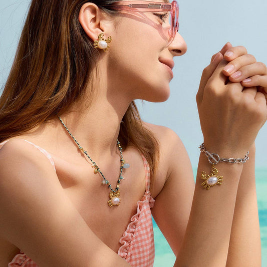 18K Gold Mixed Metal Crab Pendant Bead Bracelet_CWAJE4843