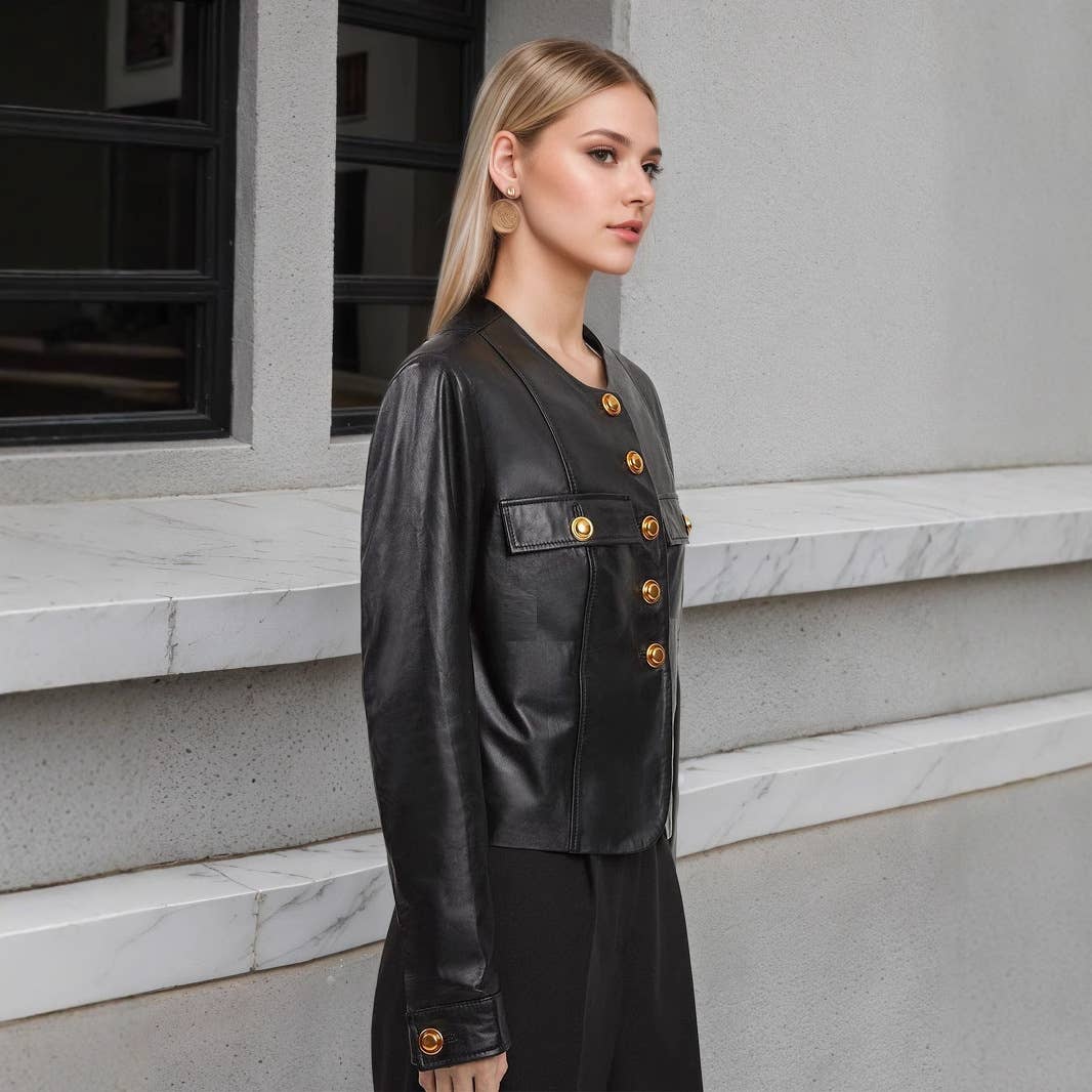 Round-neck single-breasted leather jacket