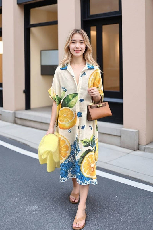 CWDMD946_LEMON PRINT LOOSE SHORT-SLEEVED SHIRT DRESS