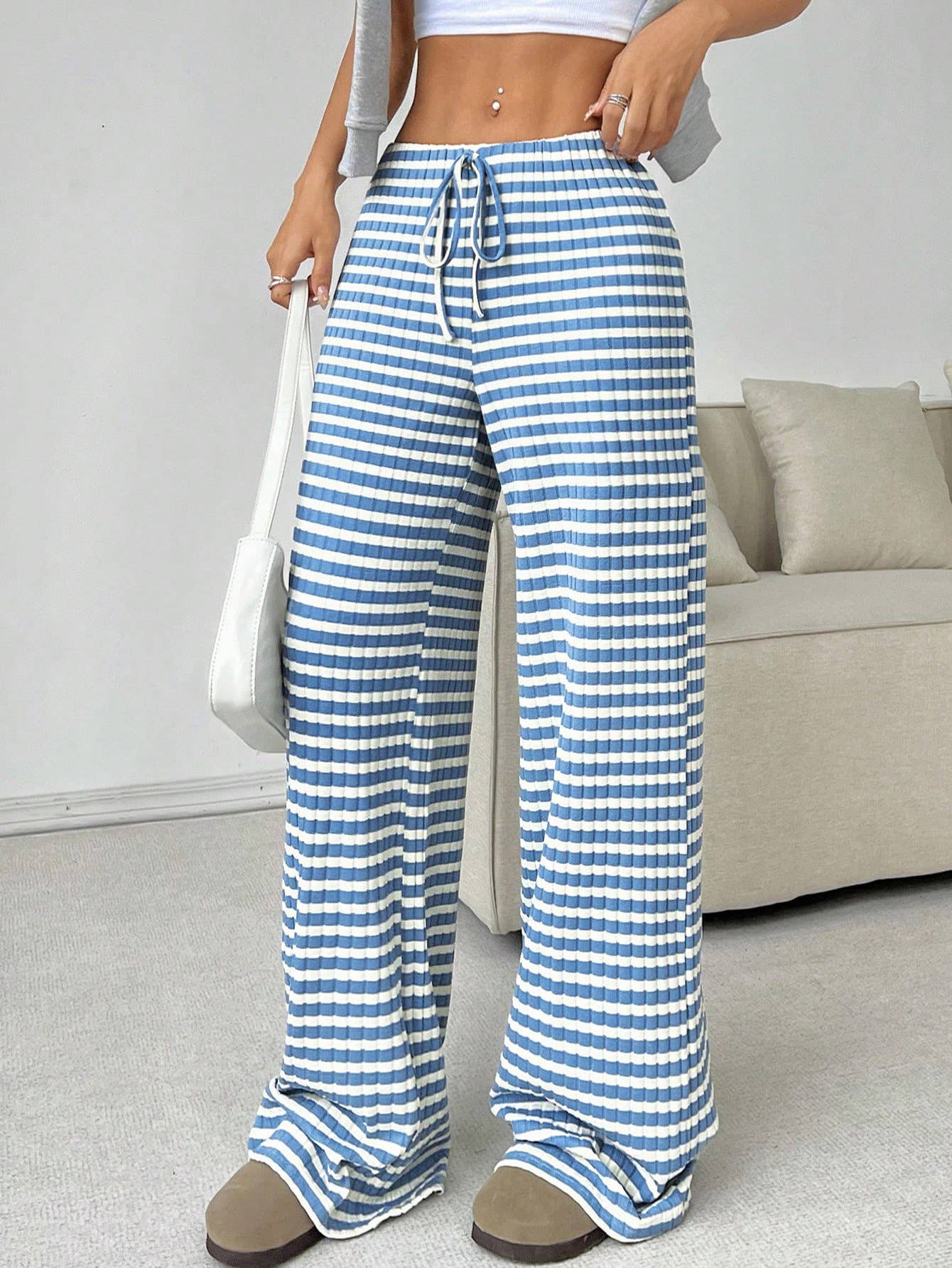 STRIPED RUBBER STRING COTTON STRAIGHT LEG PANTS