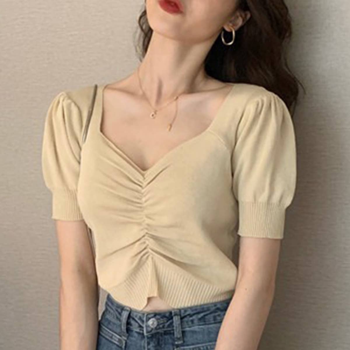 VINTAGE V-NECK PUFFY SLEEVE KNIT BASE T-SHIRT