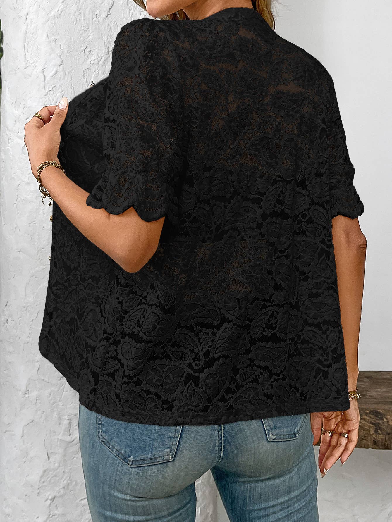 Lace short-sleeve hollow solid color casual shirt