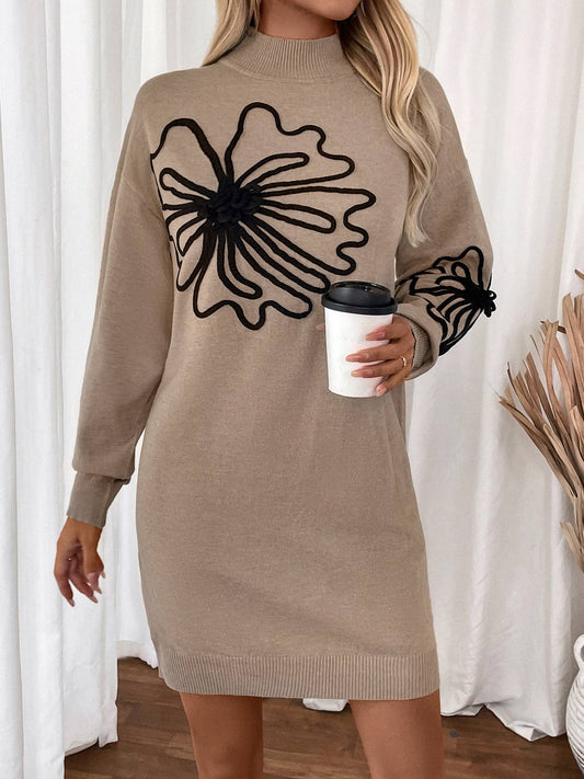 MID-NECK FLOWERED MID-LENGTH SWEATER DRESS