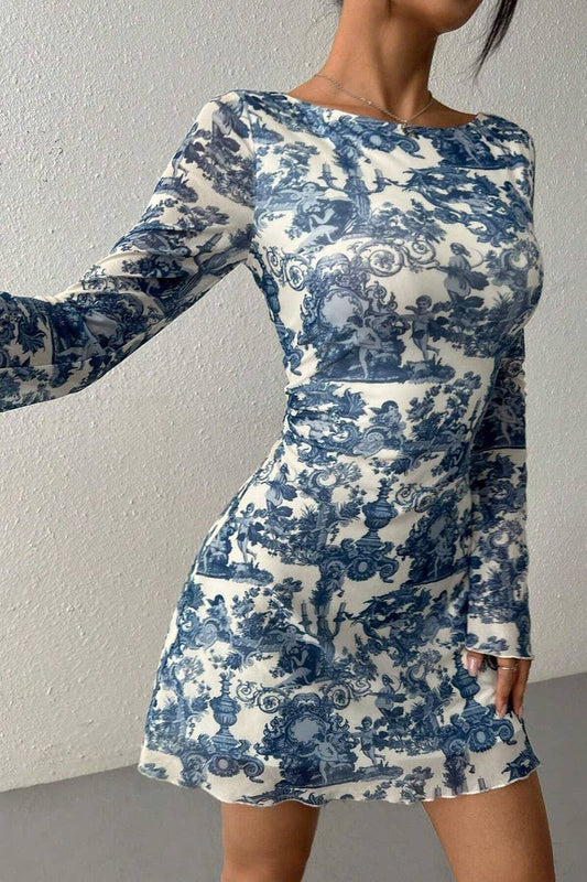 CWDSD8266_PRINTED BELL SLEEVE OPEN BACK MESH DRESS