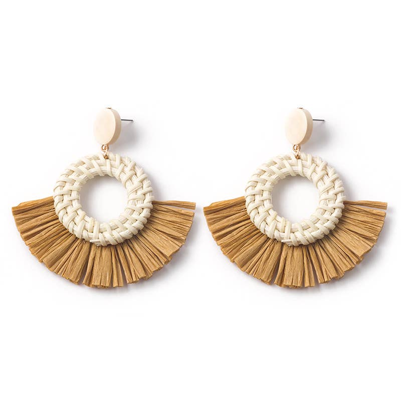 Hand-woven geometric rattan raffia earrings