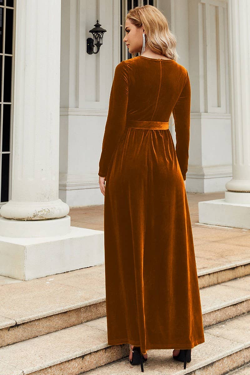 CWDMD3493_GOLD VELVET SOLID COLOR LACE-UP MAXI DRESS