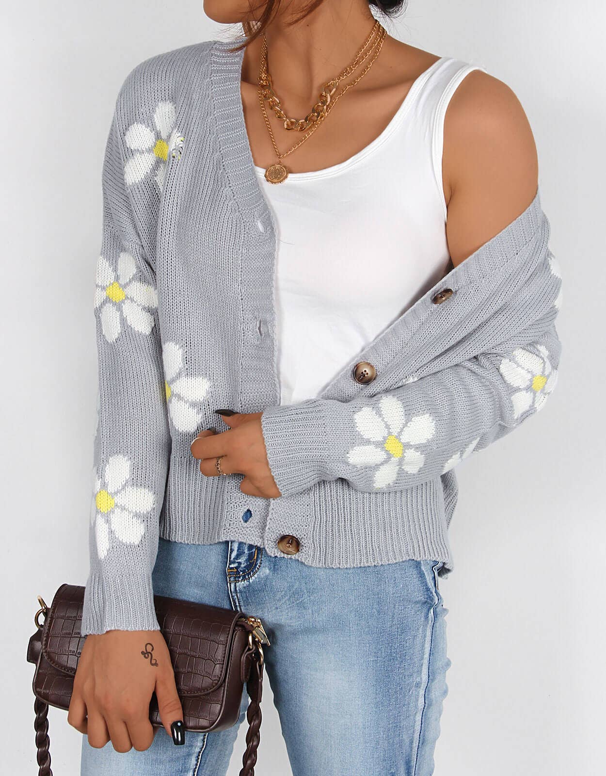 V-NECK FLORAL SINGLE-BREASTED KNIT CARDIGAN