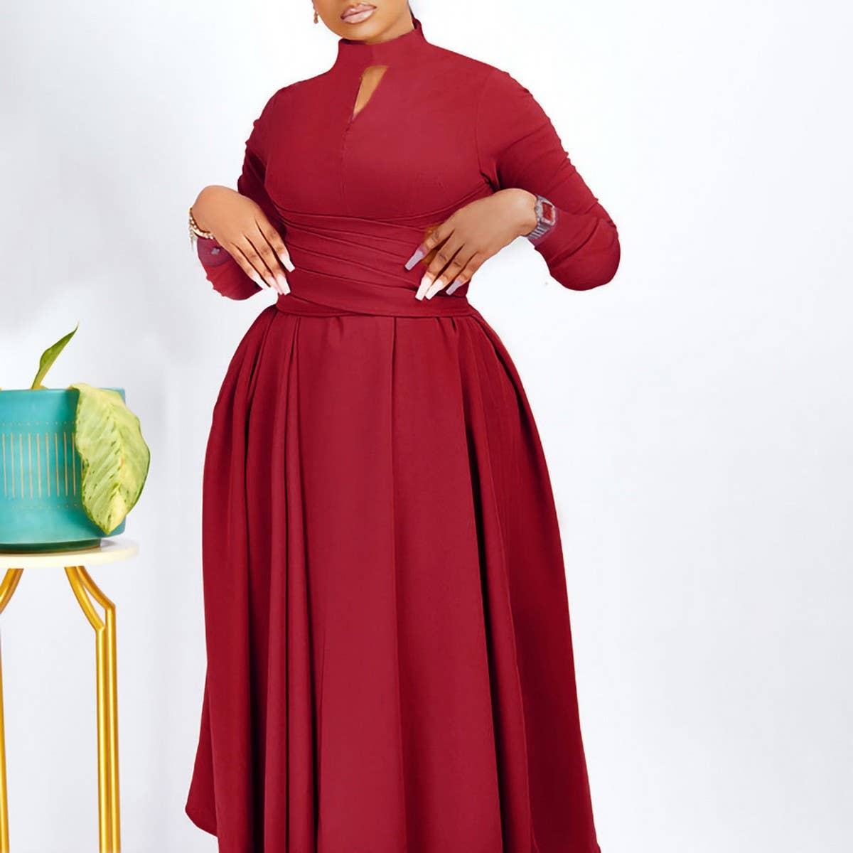 FASHIONABLE PLEATED PLUS SIZE SWING SKIRT DRESS
