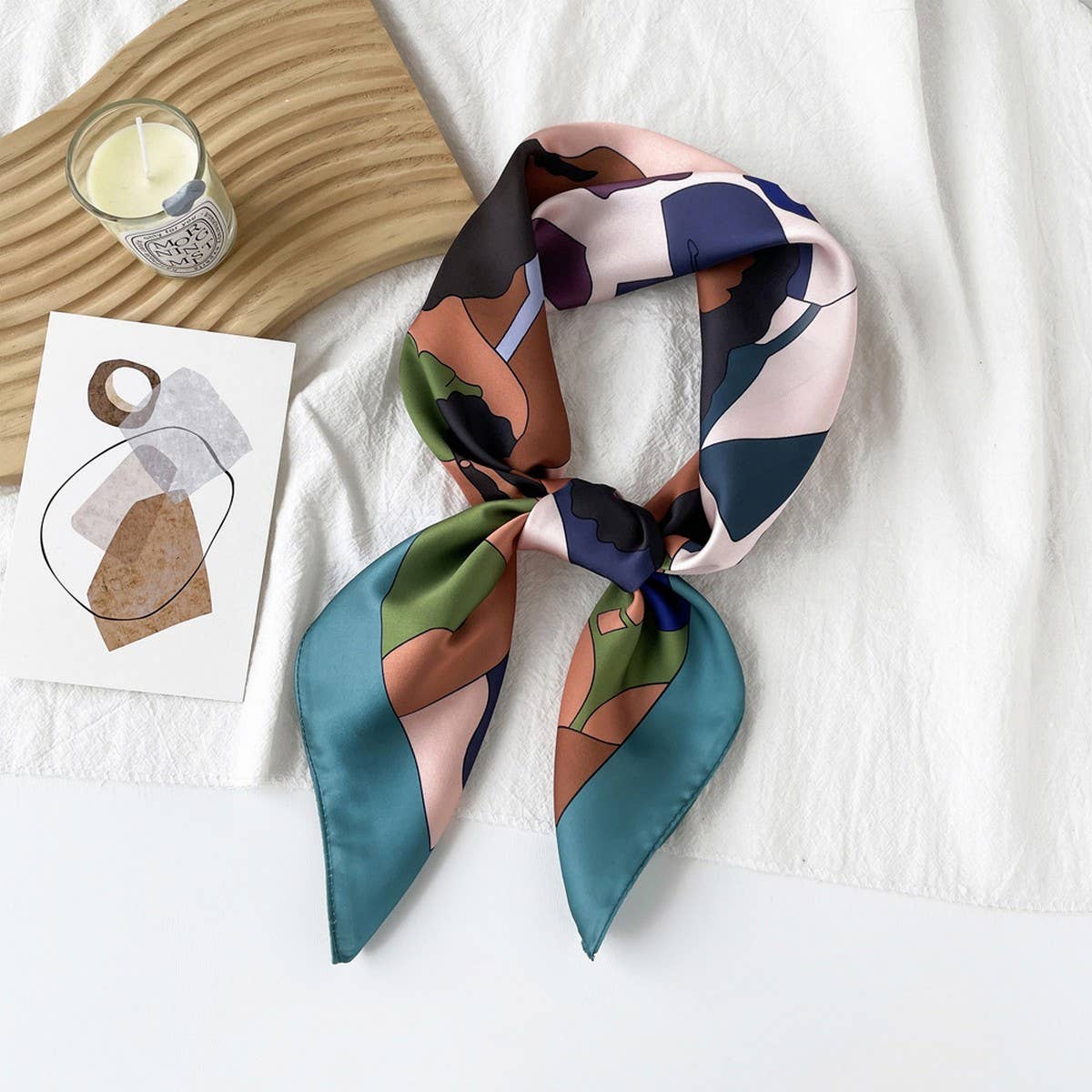 Mint Mambo Style Cartoon Print Satin Square Scarf