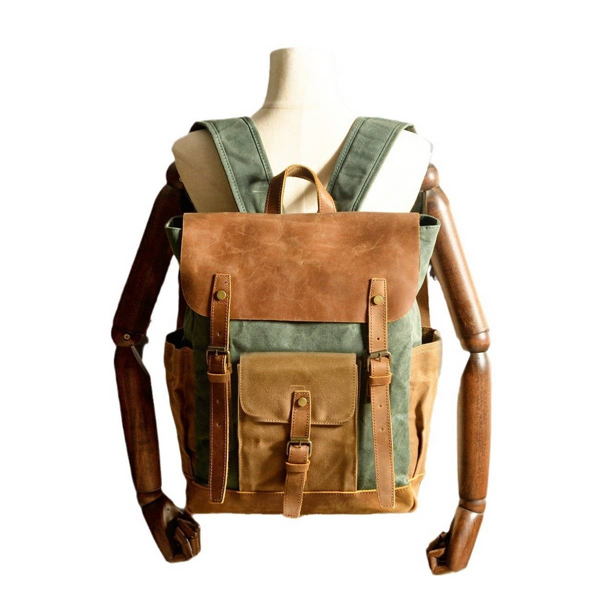 Unisex Waxed Canvas Laptop Backpack with Leather_CWAB5535