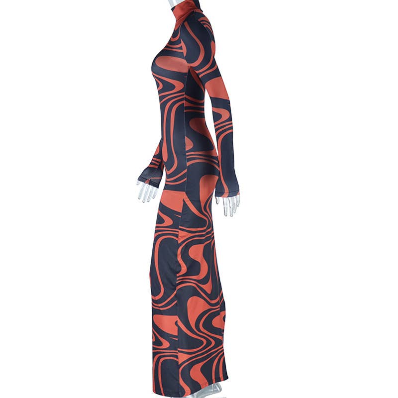 PRINTED SHEATH DRESS LONG SLEEVE MID-LENGTH SKIRT