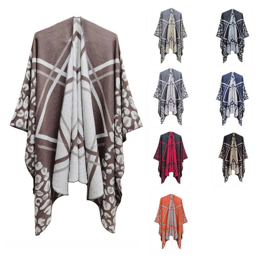 STRIPE STAGGERED MULTICOLOR FRINGED SHAWL CLOAK_CWASC0275